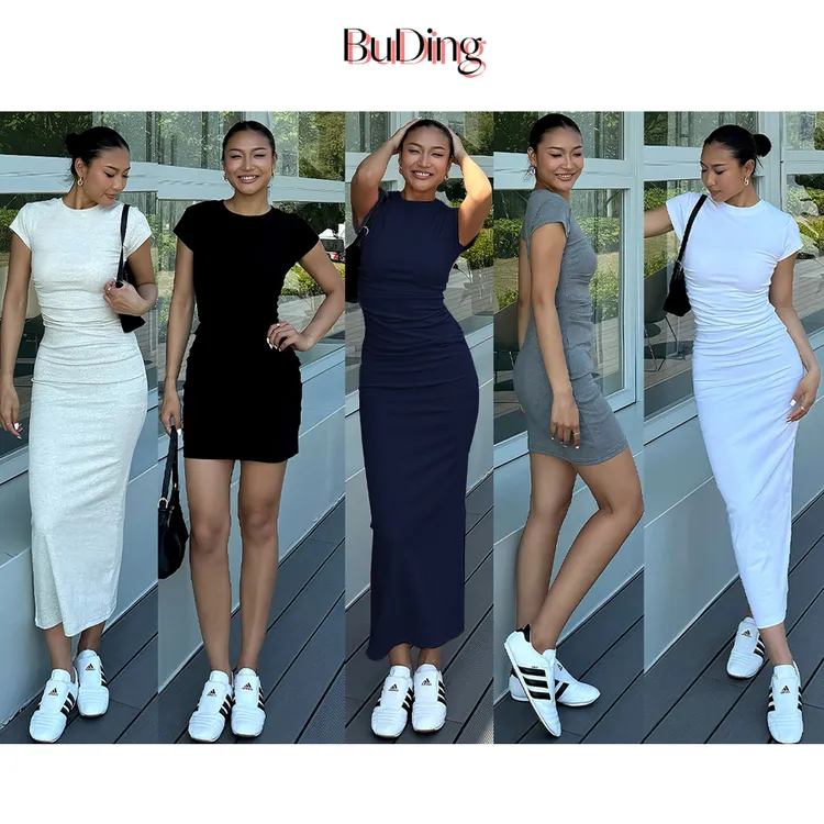 BuDing 欧美风褶皱收腰圆领短袖连衣裙