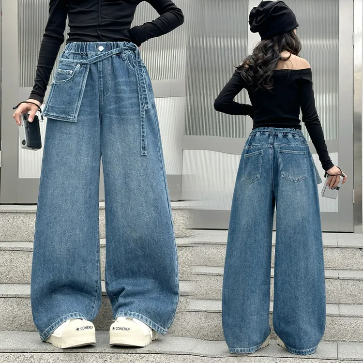 女童裤子牛仔裤春秋装2025新款中大童韩版休闲直筒裤秋季宽松长裤