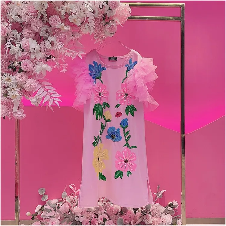 A2785欧美设计师2025夏季新款重工刺绣亮片手绘花拼纱T恤连衣裙女