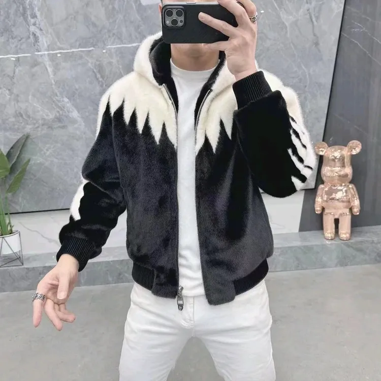 2025冬季网红款仿貂绒夹克外套男高品质黑白拼接连帽加厚保暖痞帅