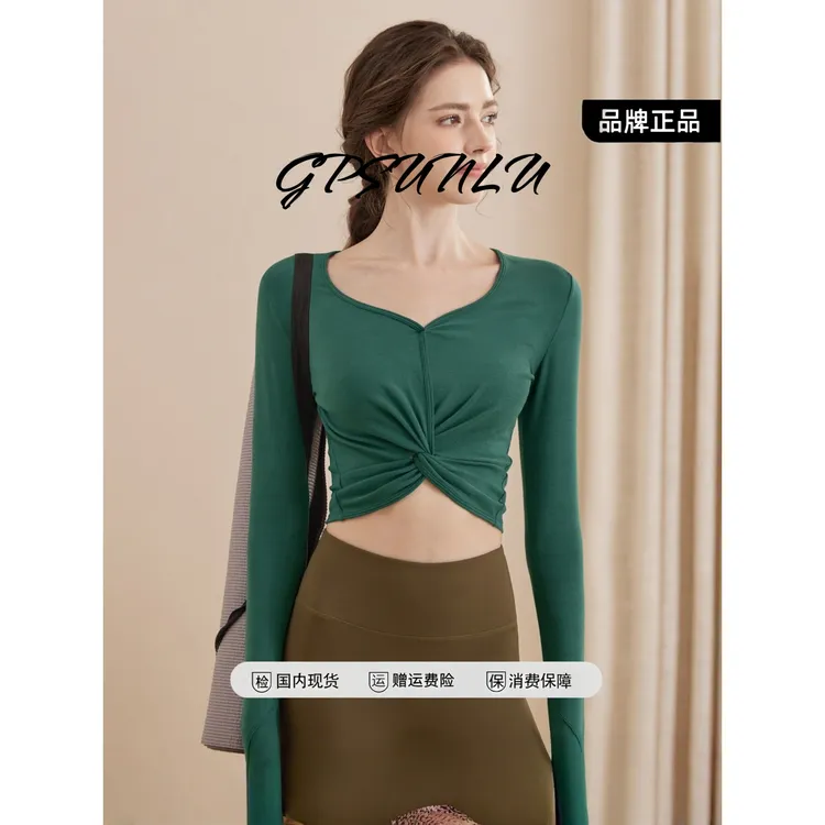 gpsunlu运动上衣女长袖短款扭结瑜伽服性感v领健身服秋冬外穿