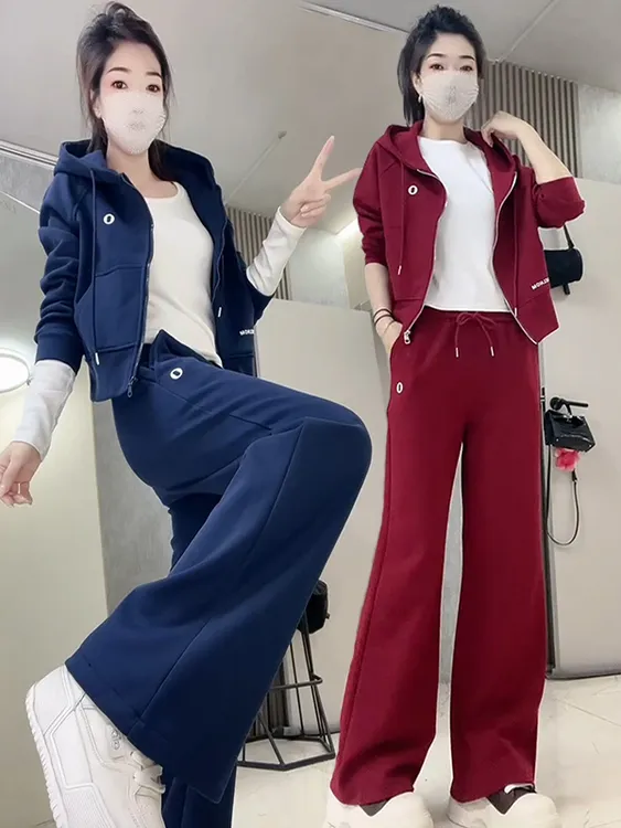 显瘦连帽字母减龄开衫时尚炸街春秋气质阔腿裤显高休闲运动套装