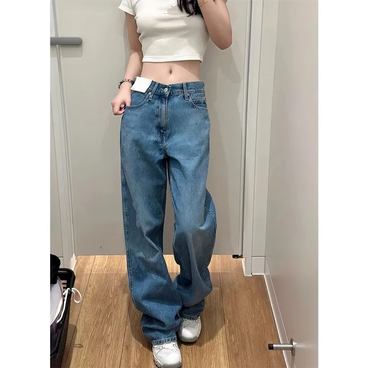 180高个子175加长复古蓝窄版阔腿牛仔裤女美式宽松垂感直筒拖地裤