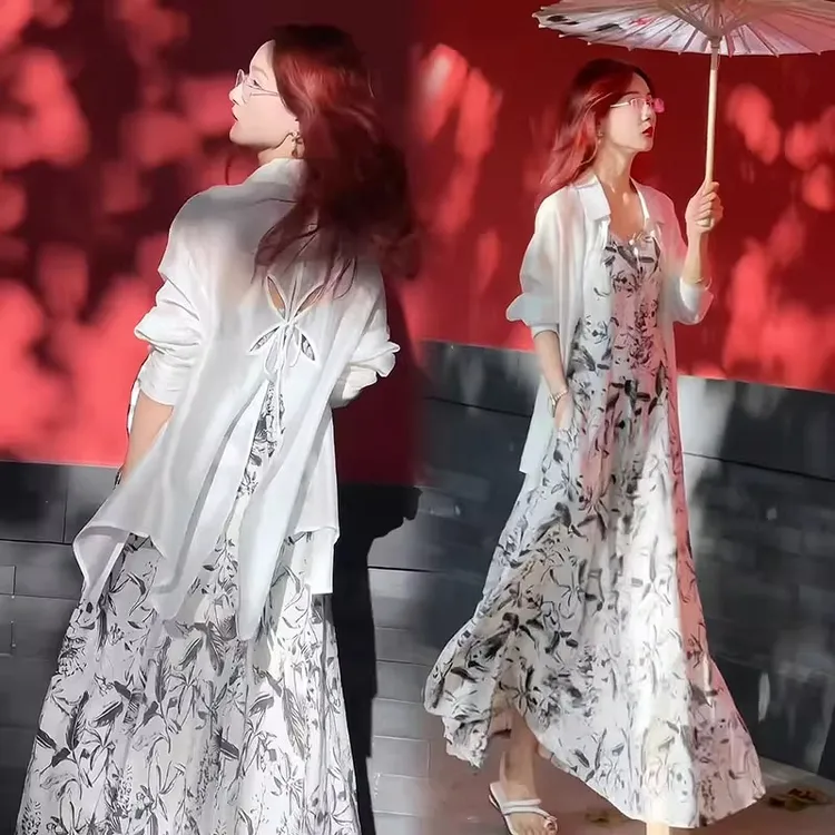 拉夏贝尔时尚水墨印花吊带裙套装女2025夏季新款垂顺舒适轻熟气质