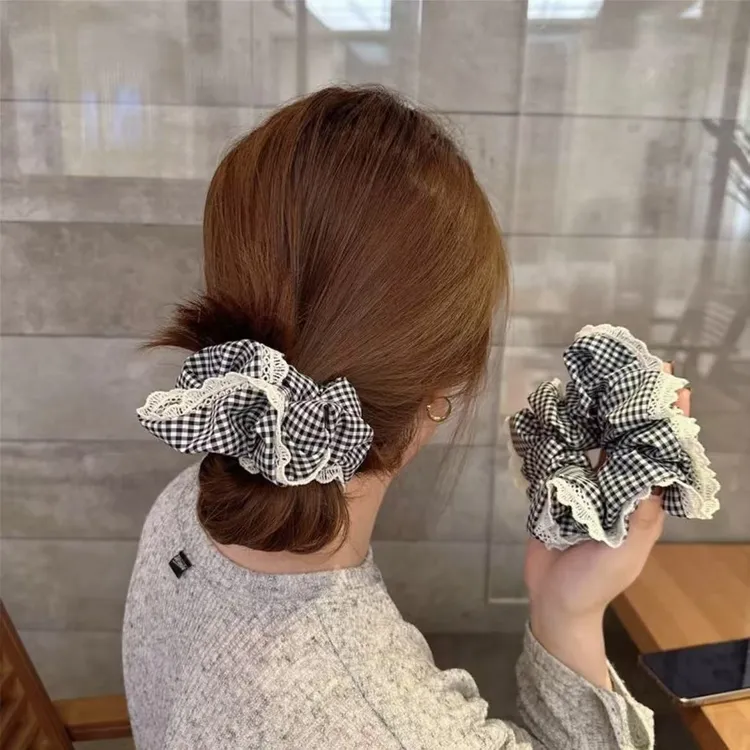 韩版超大裙边大肠发圈格子蕾丝款蓝色发圈温柔芭蕾风黑格马尾头饰