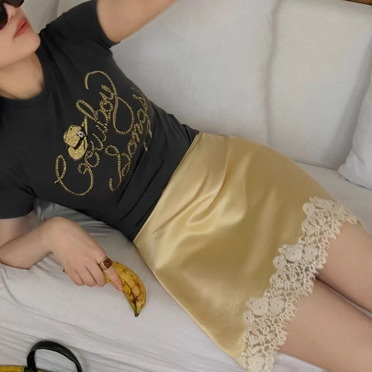 TOPCLOSET 惬意美感 法式浪漫复古氛围感醋酸缎面拼接蕾丝小a半裙