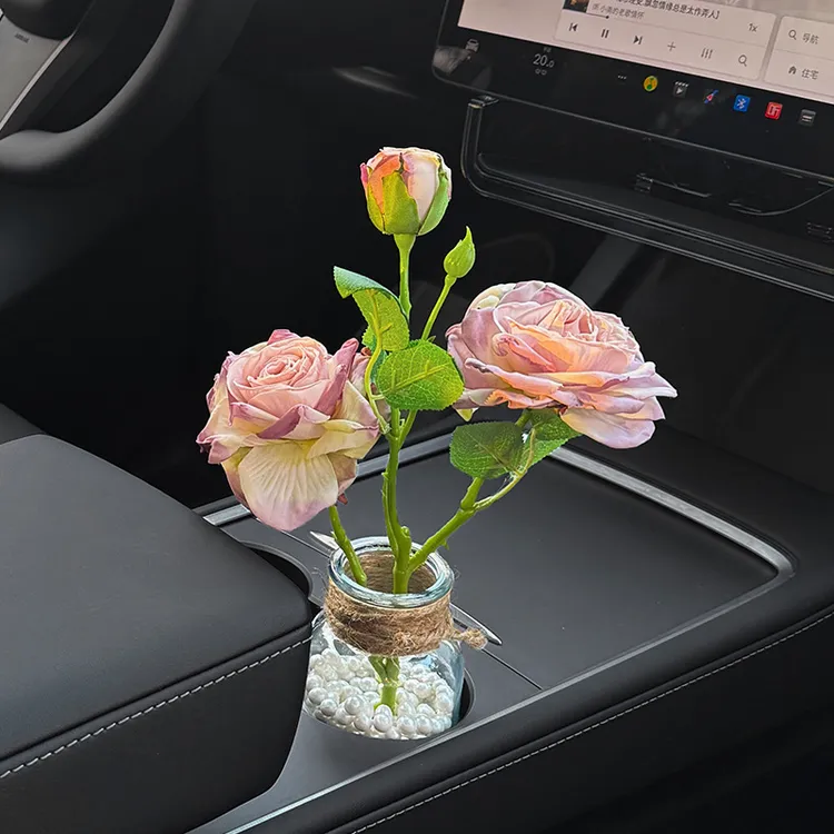 新款治愈系法式仿真玫瑰花束汽车摆件车内水杯槽架车载花瓶装饰品