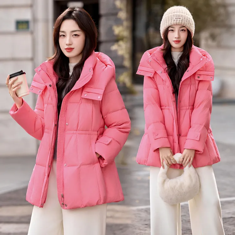 韩版时尚气质连帽羽绒服女2025冬季新款加厚保暖白鸭绒中长款外套