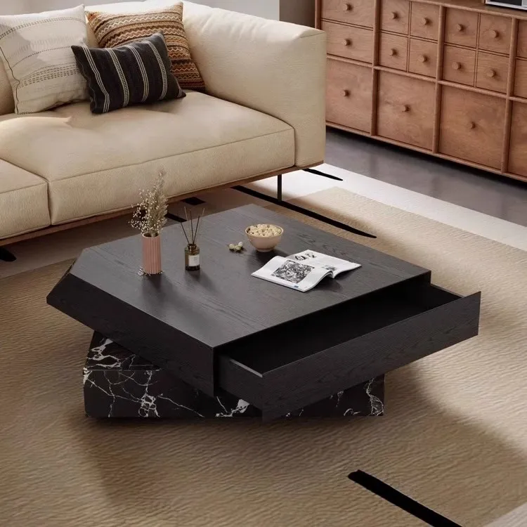 意式极简大理石茶几正方形茶几旋转设计师高级感小户型大理石茶台