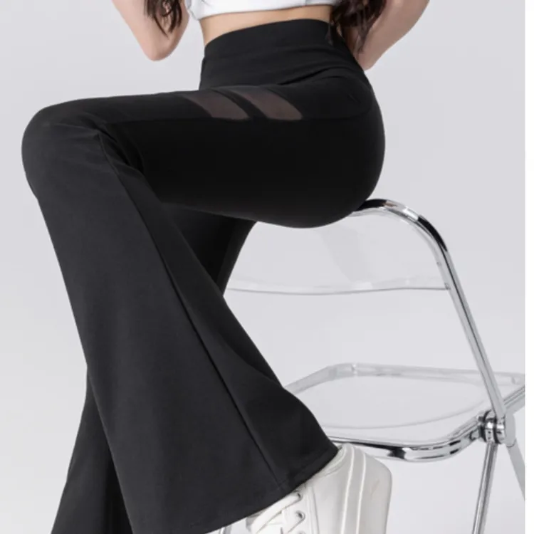 设计感交叉高腰鲨鱼休闲裤女夏薄款外穿收腹提臀网纱镂空微喇叭裤