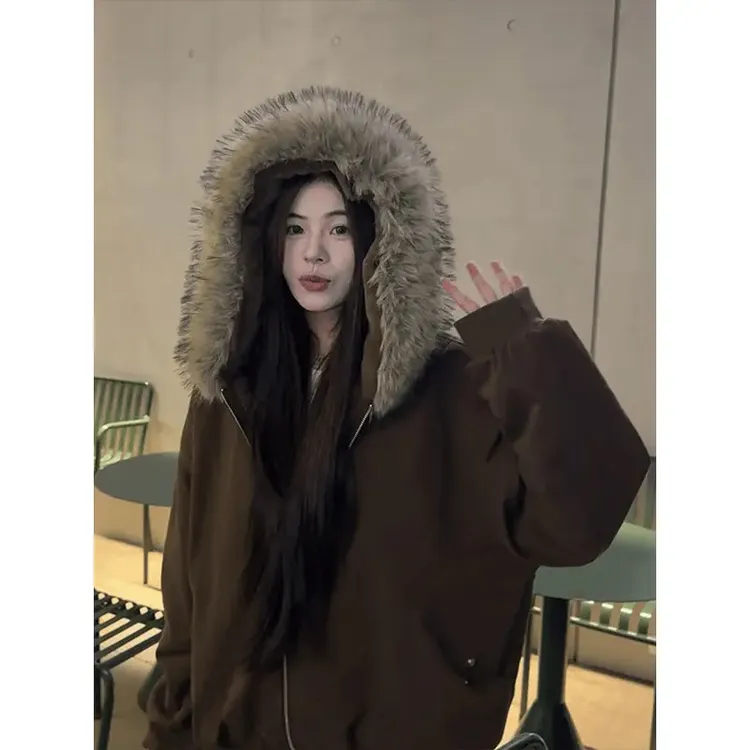 美式复古大毛领座山雕外套男款冬季加绒加厚保暖棉服情侣夹克棉衣