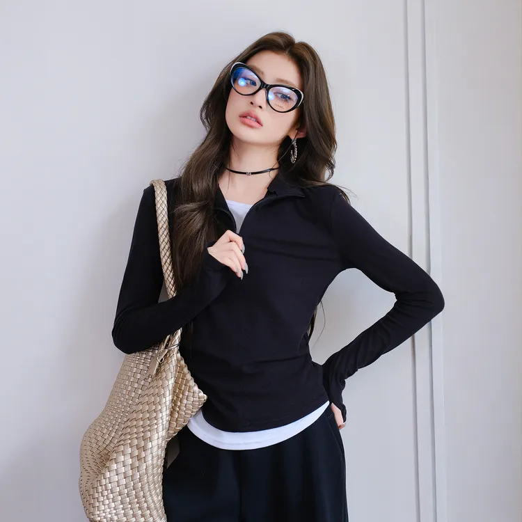 【现货】MIUCO高弹掐腰显瘦假两件上衣抽褶防晒长袖T恤打底衫T9620