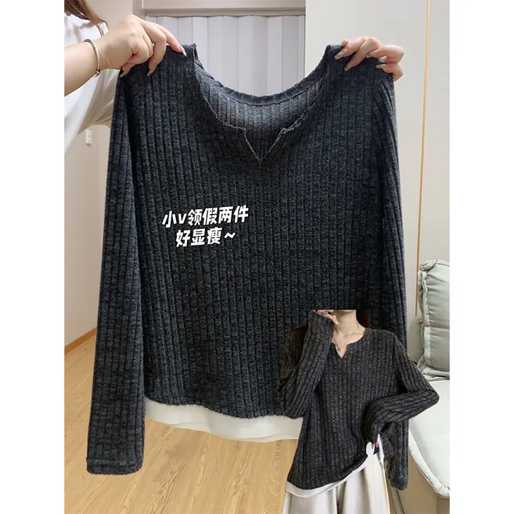 大码200斤小v领拼接撞色假两件长袖t恤女冬季新款磨毛百搭ins上衣
