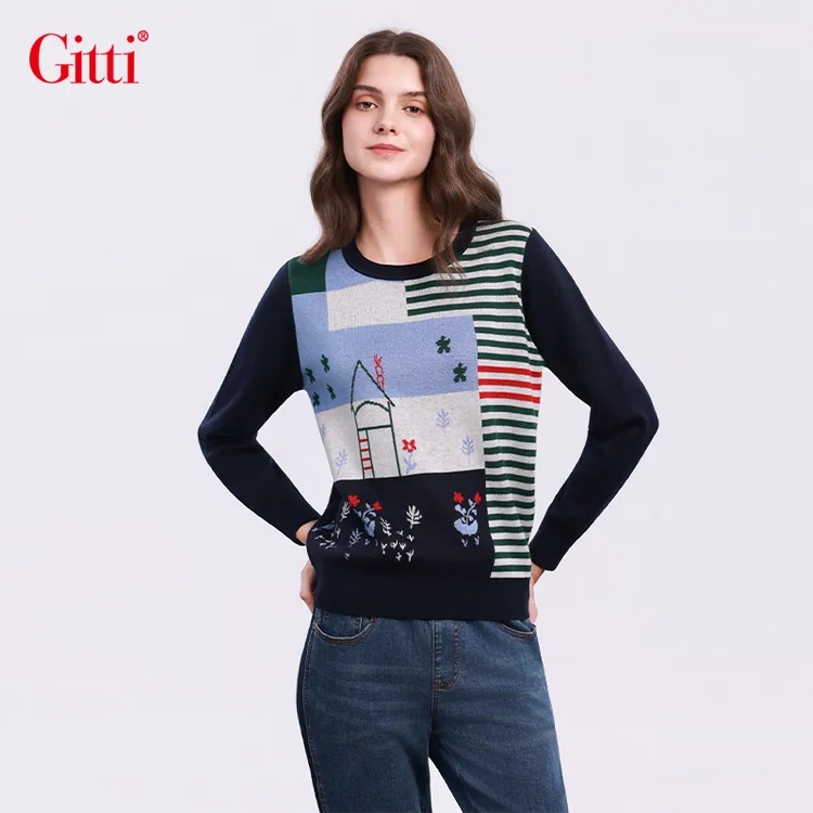 Gitti/吉蒂羊毛衫女圆领拼接撞色提花针织衫套头毛衣G255317