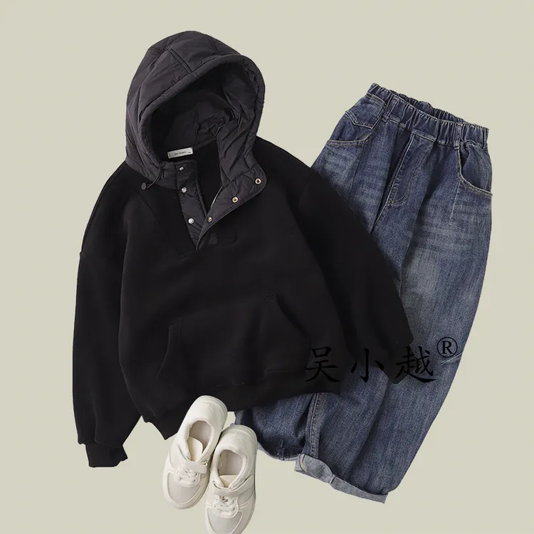 吴小越w1626男童加绒连帽卫衣奥利绒秋冬新款韩版宽松儿童上衣男