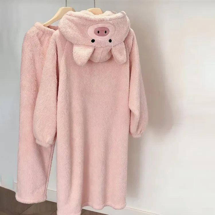 秋冬季珊瑚绒睡衣女加绒加厚粉色小猪连帽睡袍可爱浴袍家居服冬天