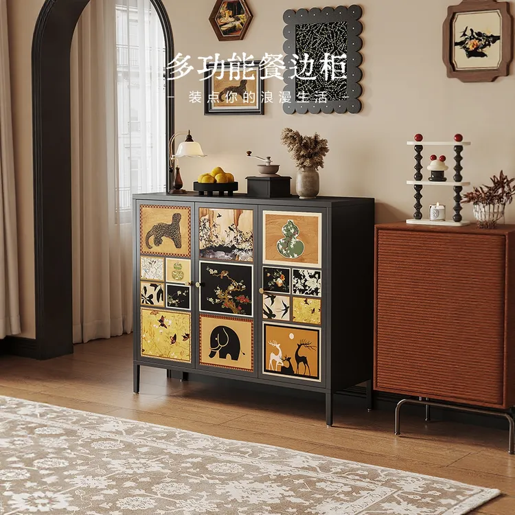 狄庭安装中古风餐边柜靠墙一体储物柜置物柜大容量铁皮柜储物柜