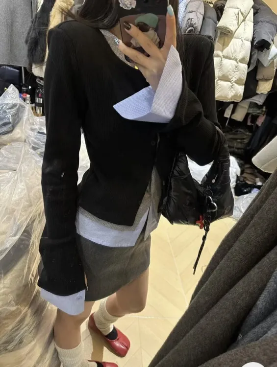 拼接春季撞色假两件针织衫长袖开衫百搭设计师短款上衣