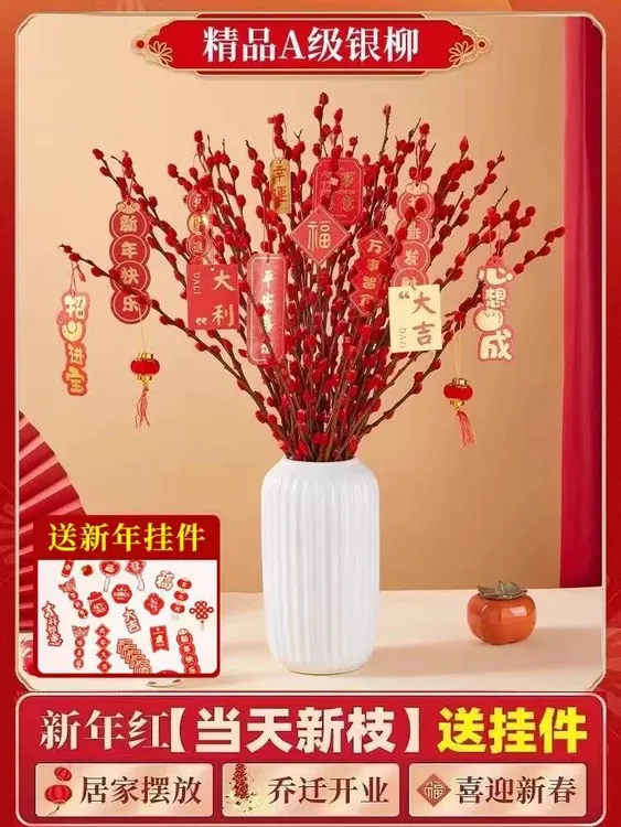 银柳真花鲜枝客厅摆件冬季耐寒干花新年红色福桶招财年宵花卉盆栽