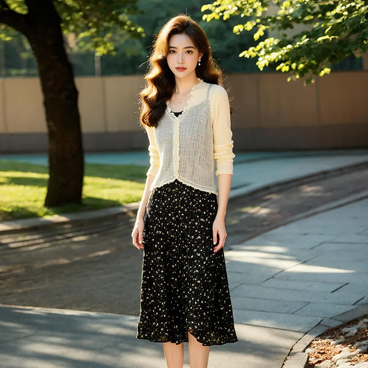 奢姿大码女装2025夏季V领减龄碎花吊带针织两件套胖妹妹时尚套装