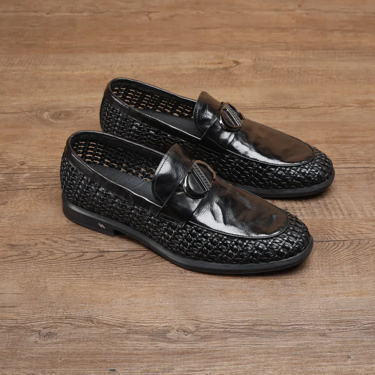 PUSIJIE/普斯杰夏季镂空编织透气一脚蹬休闲皮鞋时尚真皮豆豆鞋