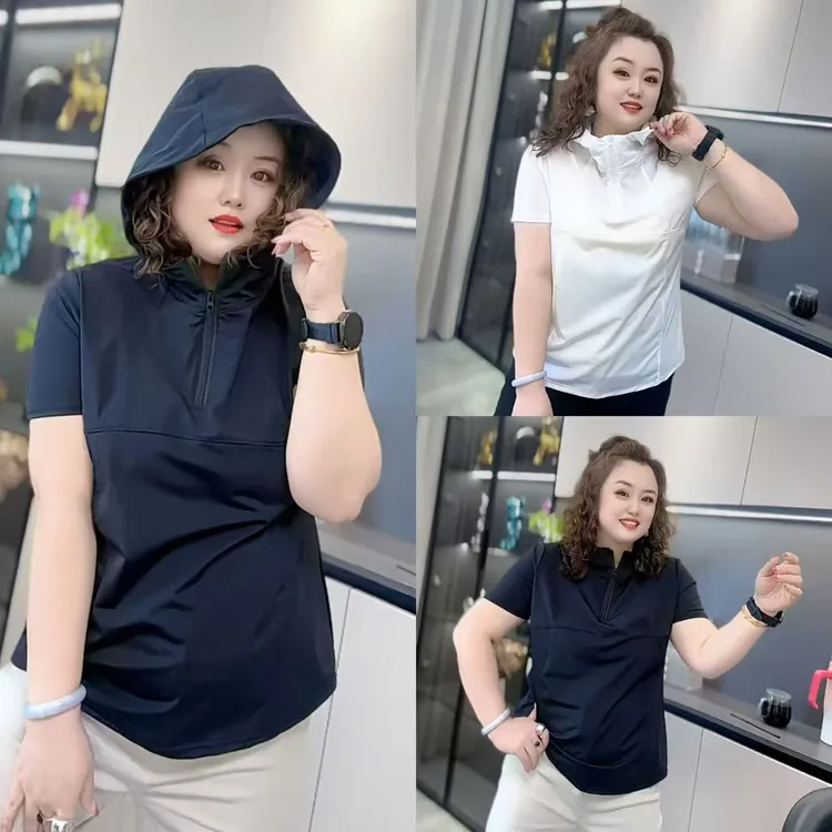 28702（丹姐家）冰冰凉半袖连帽百搭夏季新款宽松大码显瘦女装速干