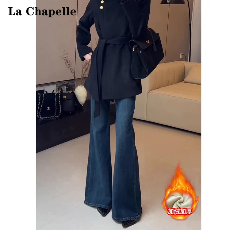 拉夏贝尔加绒微喇牛仔裤女冬季2025新款宽松显瘦不贴腿喇叭裤子