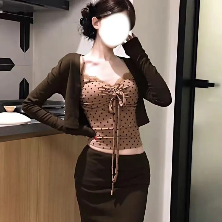 复古辣妹蕾丝波点吊带开衫女秋气质包臀裙小众高级感显瘦套装