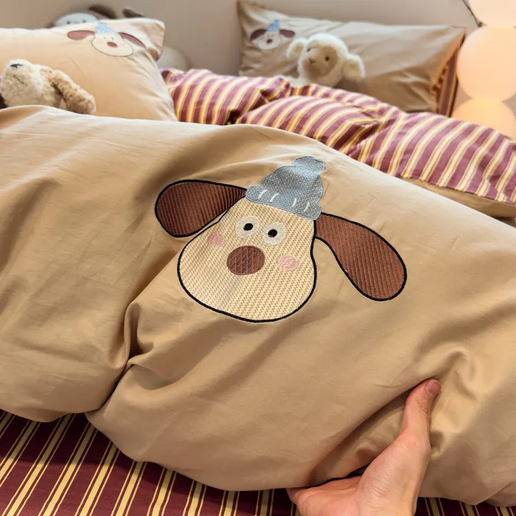 A类卡通双层纱绣花四件套纯棉全棉2025新款被套床单家用床上用品