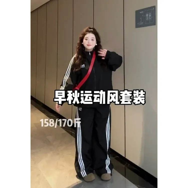 大码撞色运动风时尚套装初秋长袖外套阔腿裤两件套90120#