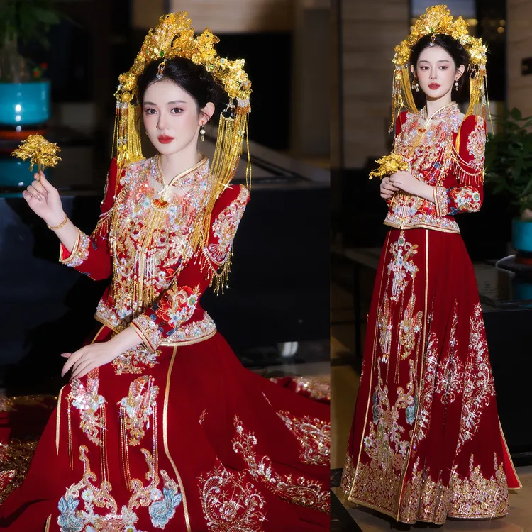 秋冬丝绒秀禾服新娘结婚服装珠绣立体剪裁中式婚服礼服敬酒服厚款