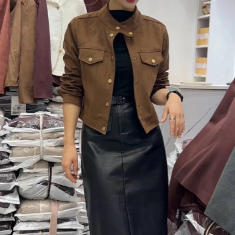 百搭女短款短外套气质休闲时尚鹿皮绒网红女装韩版麂皮绒外套8917