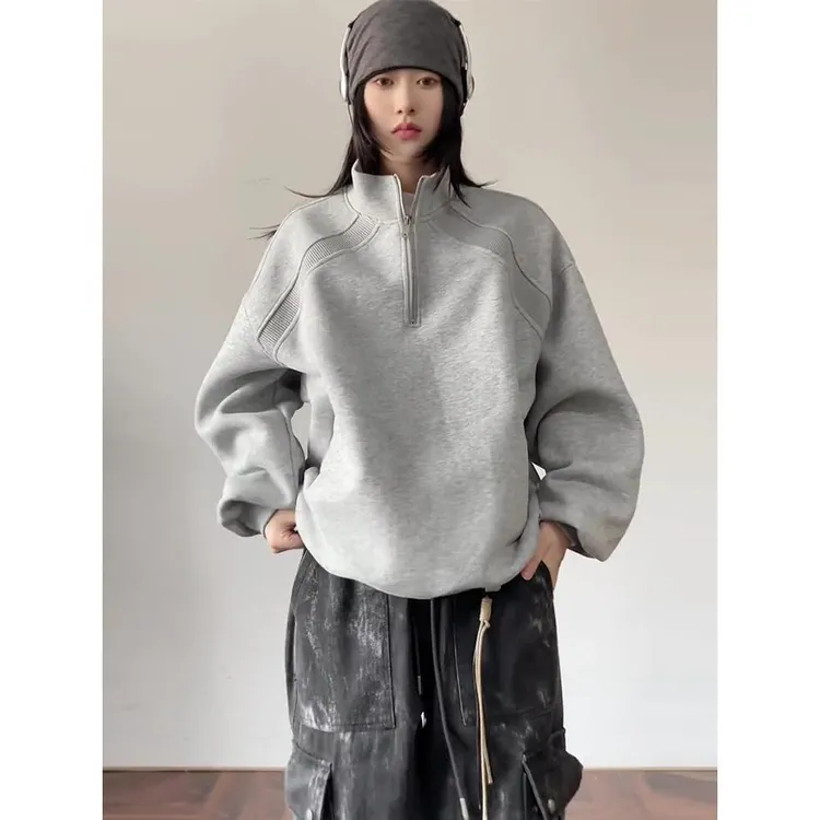 灰色美式解构半拉链立领卫衣男款秋季慵懒风cleanfit短宽运动外套