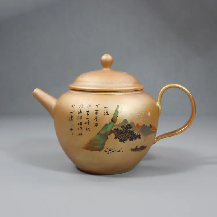 等于堂 柴烧金色釉 手工茶壶 手绘茶壶 泡茶壶