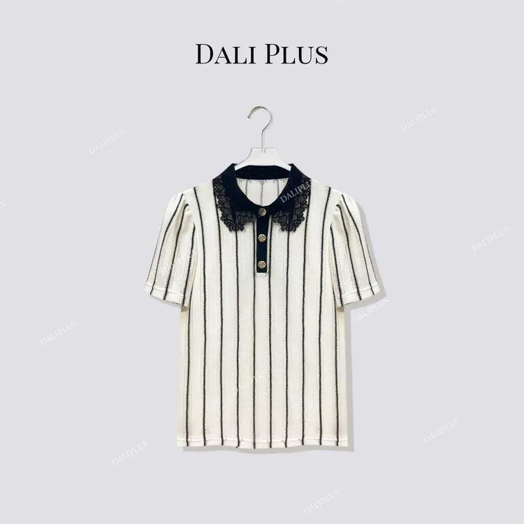 DALI PLUS“黑白绞综竖条纹”轻裸感上衣休闲衬衫-D5SS7100-1