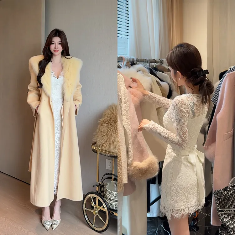 小雨姐姐【花蕾美学】休闲时尚长袖V领毛边气质蕾丝连衣裙女冬季