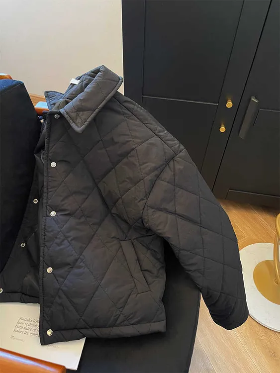 黑色菱格设计休闲轻薄夹棉棉服女2025冬季新款小个子保暖外套上衣