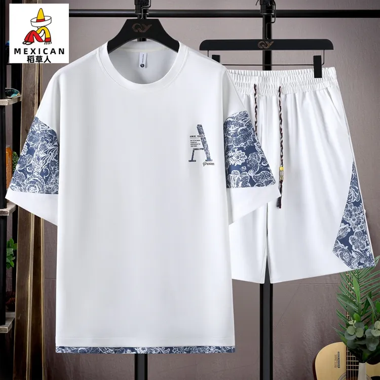 稻草人2025年夏季休闲T恤短裤两件套 新款时尚男装薄款潮时尚男装