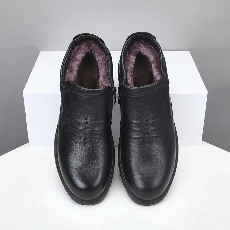 真皮头层牛皮冬季加绒保暖皮毛一体羊毛棉鞋纯色休闲皮鞋高帮短靴