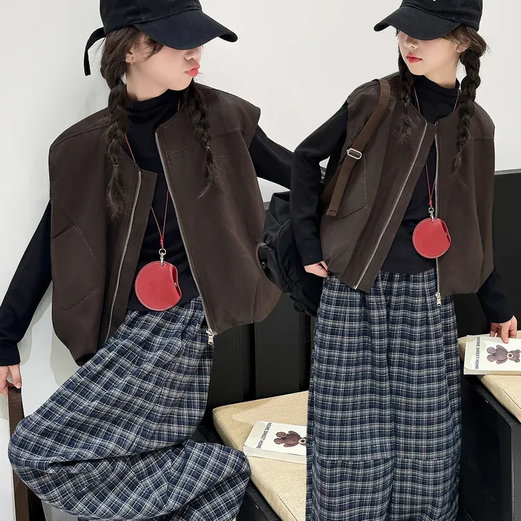 女童秋季皮衣马甲套装2025新款女大童时髦洋气儿童韩版秋装三件套