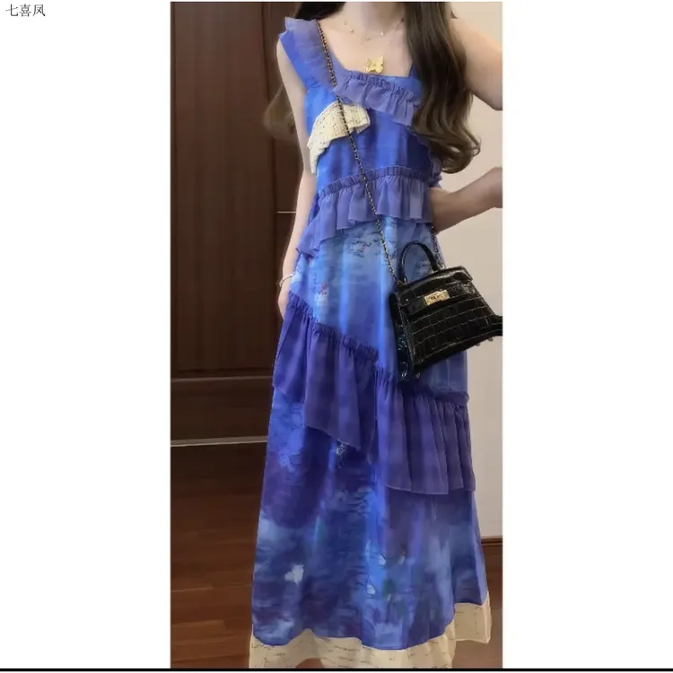 紫色调油画晕染长裙围巾领吊带裙荷叶边设计度假风格春夏季新款