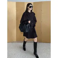 NancyCavally专柜款精选挺括平纹羊毛 飞行夹克风衣/压褶短裙套装