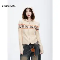 【FLARE SOIL】提花印染针织帽衫修身秋装打底开衫短外套 T4740A