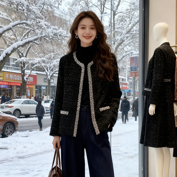 春秋新款大码女装时尚气质亮丝编织重工订珠洋气香风上衣外套