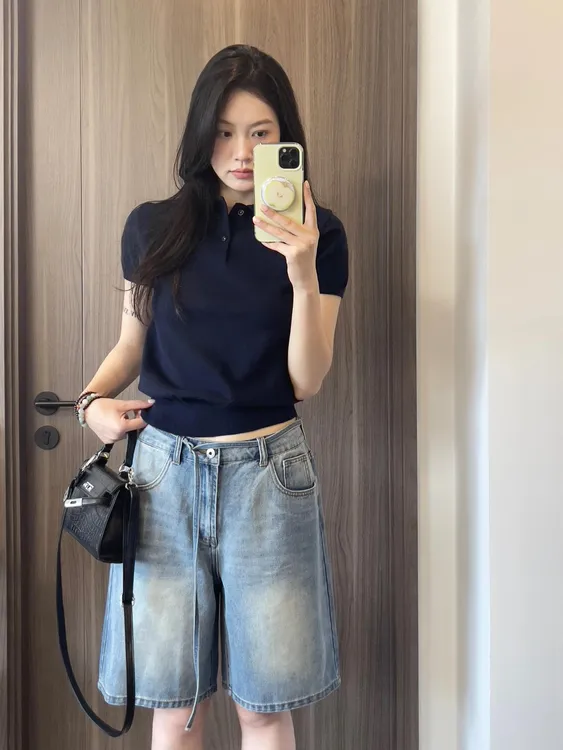 2025夏季新款上衣百搭短袖上衣修身针织宽松休闲韩版牛仔短裤女