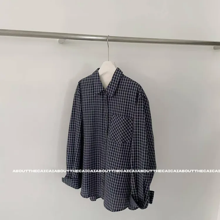 CAICAI翻领格纹长袖衬衫女秋季新款韩系简约宽松休闲百搭上衣