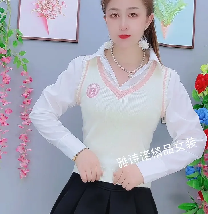 上衣衬衫假两件拼接马甲长袖新款针织衫学院针织短款小个子外穿