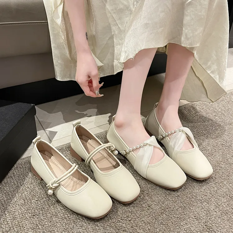 法式时尚单鞋女夏2025年春秋新款晚晚风方头低跟外穿配裙子豆豆鞋