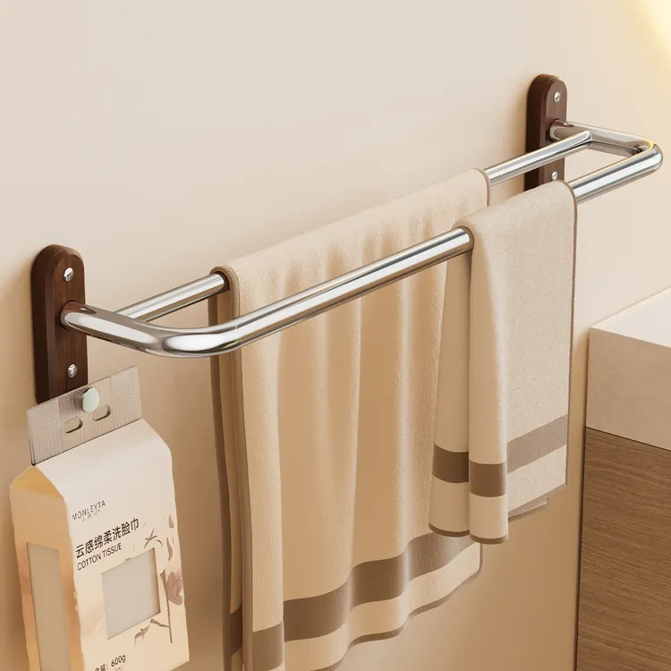 胡桃木304镜面不锈钢双杆毛巾杆中古风免打孔极简浴室毛巾浴巾杆