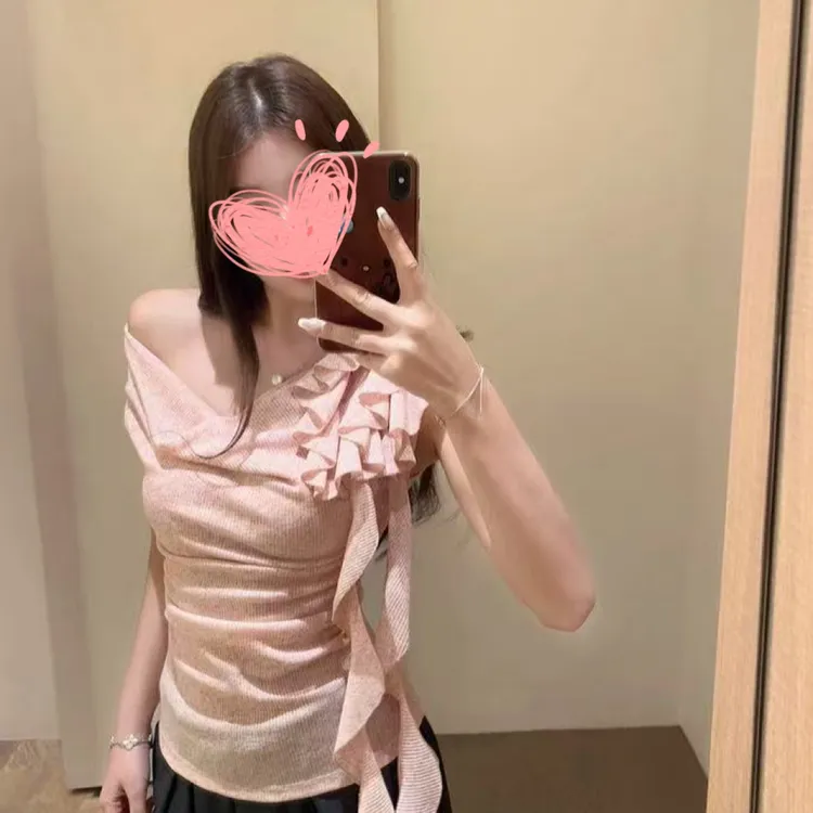 【其琪专属】粉莓杏茶荡领飘带花朵斜肩短袖T恤女夏收腰褶皱